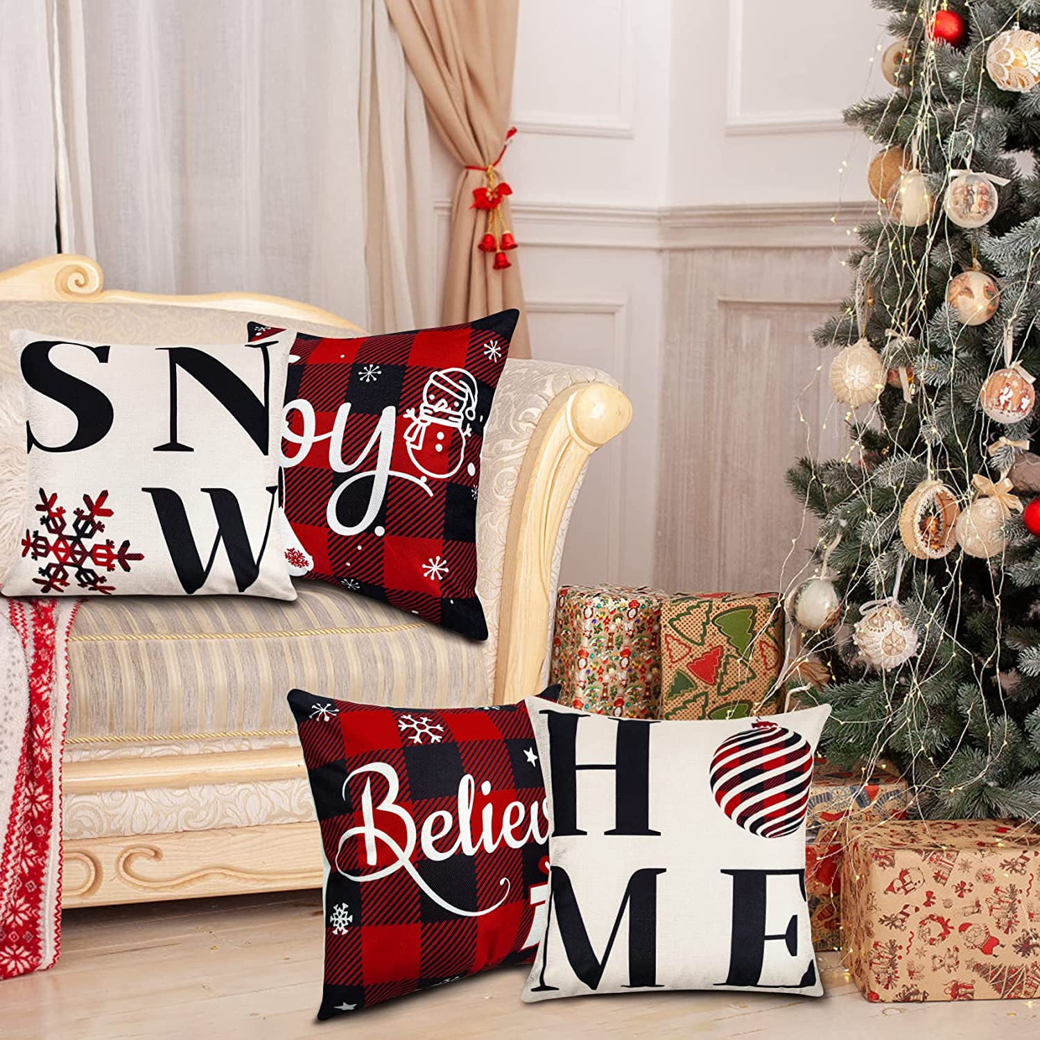 Ouddy Home Christmas Pillow Covers 18x18 Set of 4, Buffalo Plaid Christmas Throw Pillows Cases - Click Image to Close